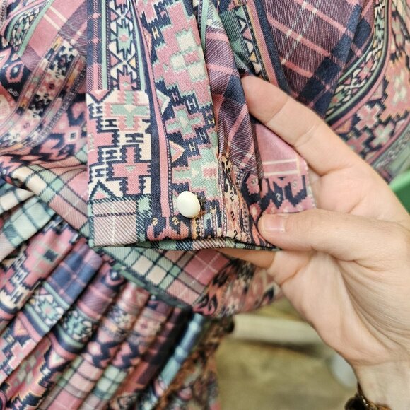 Vintage 80s Womens Size 6 Southwest Blouson Midi Dress Aztec Pink Blue‎ Pleated - Picture 8 of 11